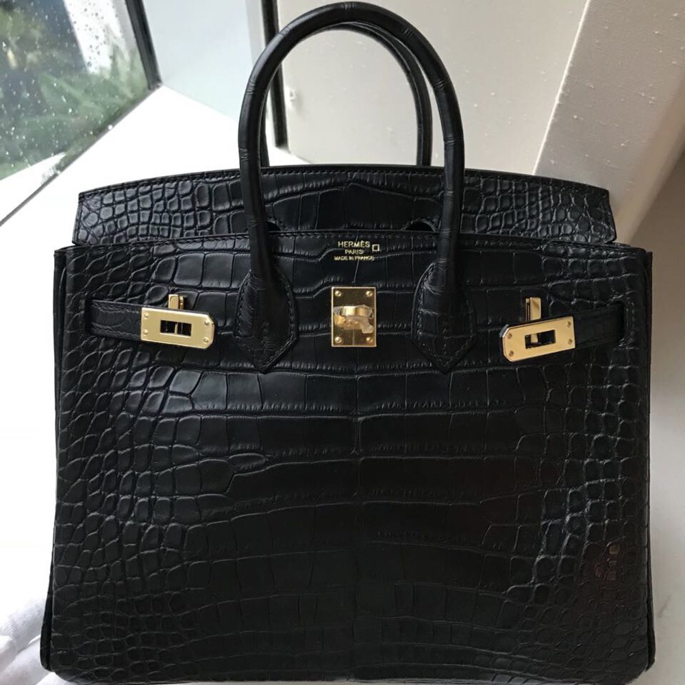 Hermès Birkin 25 Noir (Black) Alligator Mississippi Matte Gold