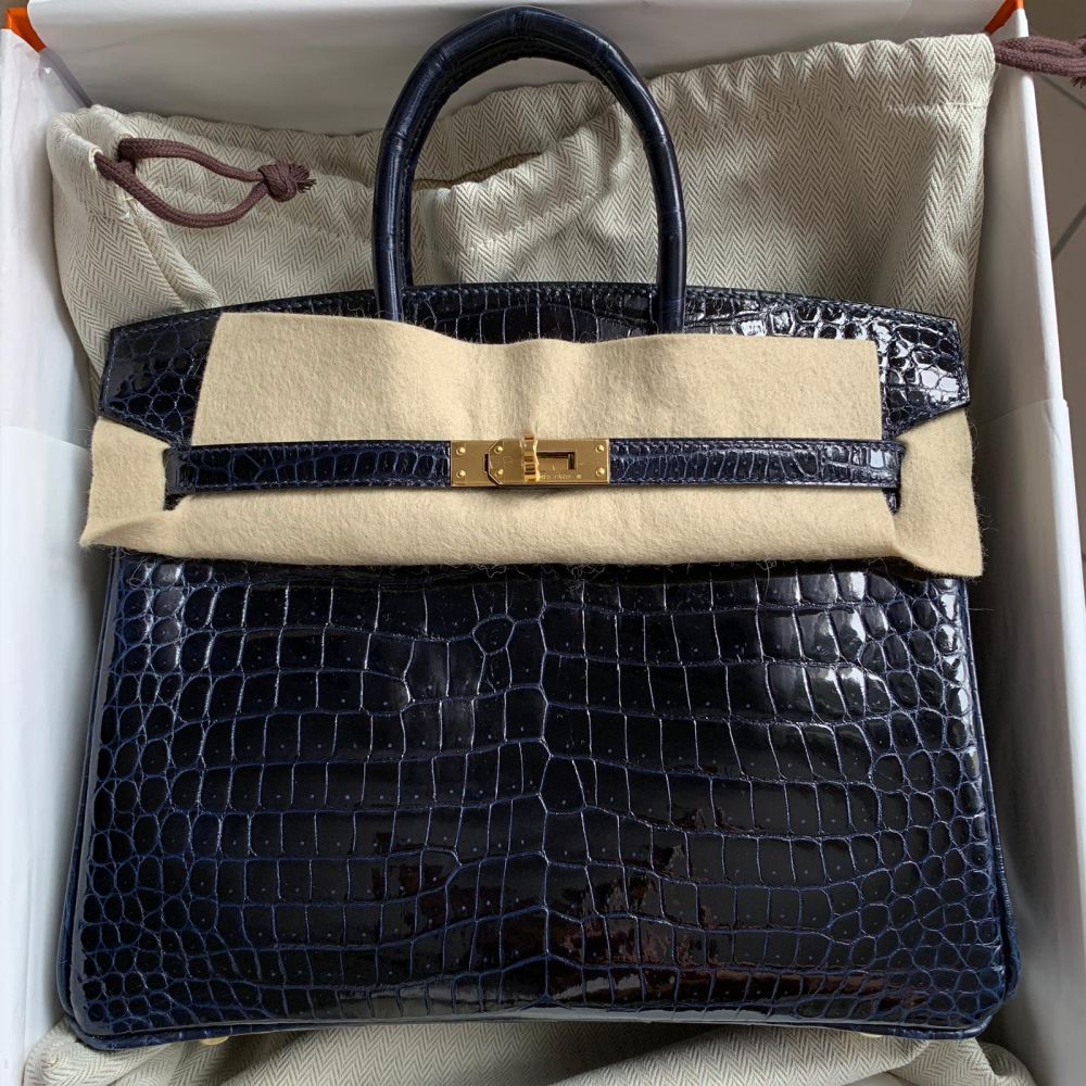Hermès Birkin 25 Bleu Marine Crocodile Porosus Lisse Gold Hardware