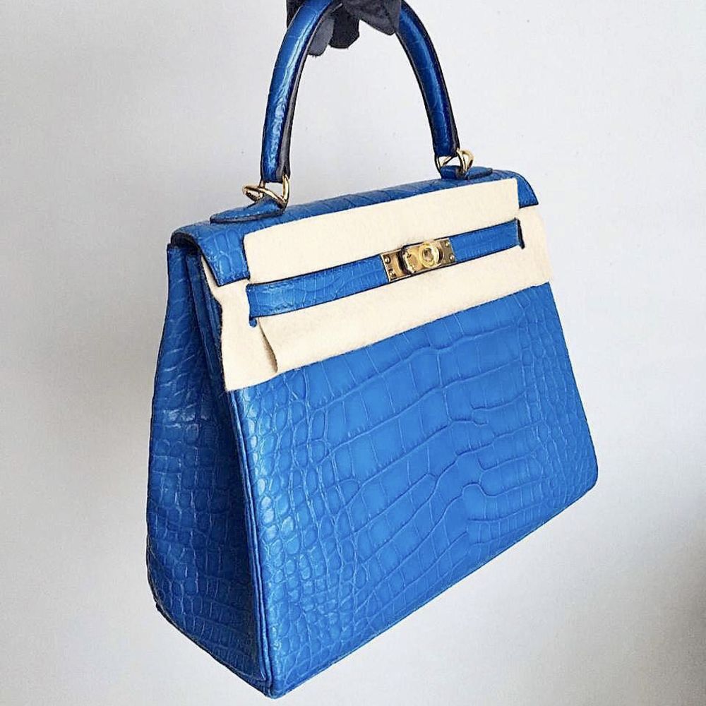 Hermès Kelly 25 Bleu Zellige Alligator Mississippi Matte Gold