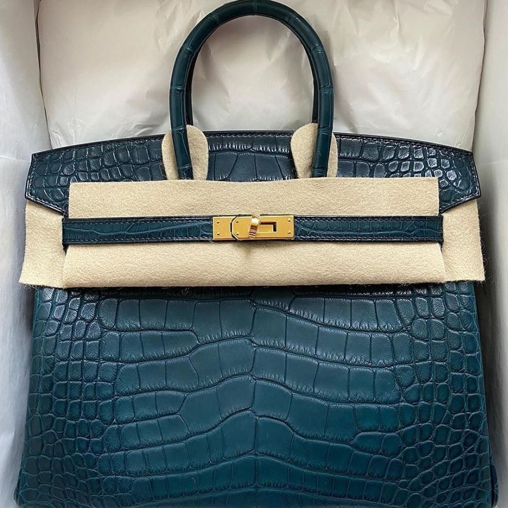 Hermès Birkin 25 Vert Rousseau Alligator Mississippi Matte Gold
