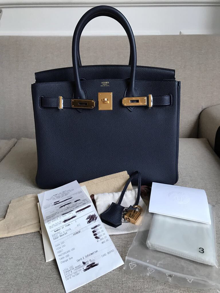 Hermes Handbag Lindy 30 Blue Nuit with Rouge Tomate Interior Gold
