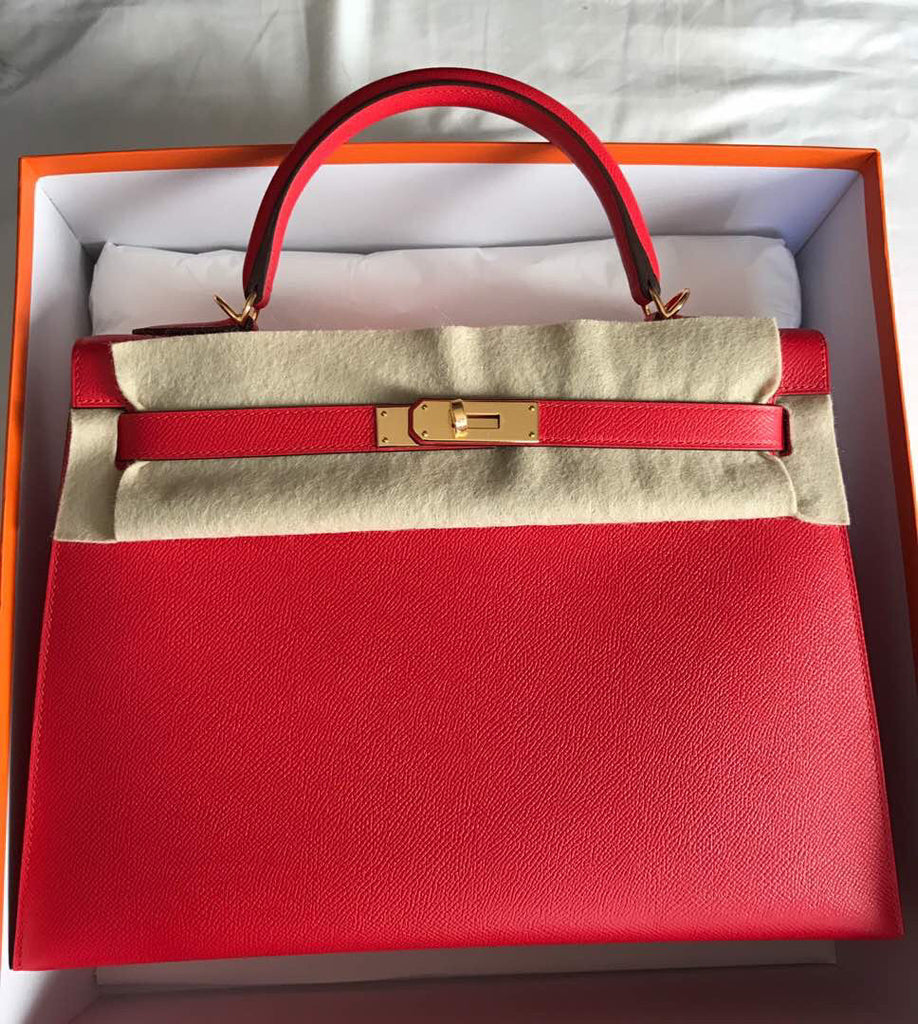Hermès Kelly 32 Rouge Tomate Sellier Epsom Gold Hardware GHW A Stamp 2 —  The French Hunter