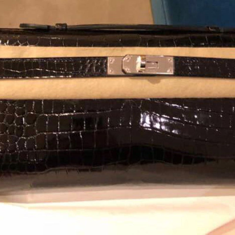 Hermès Kelly Cut Noir (Black) Crocodile Porosus Lisse Palladium Hardware PHW A Stamp 2017 <!27865804> - The French Hunter