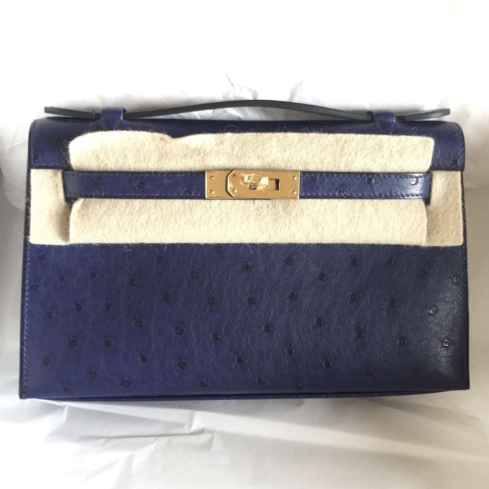 Hermès Kelly Pochette Bleu Iris Ostrich Gold Hardware GHW A Stamp 2017 <!28183725> - The French Hunter