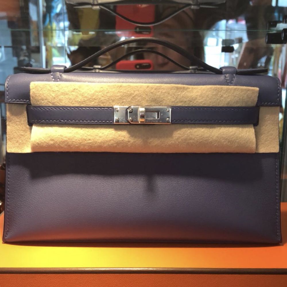 Hermès Kelly Pochette Bleu Brighton Swift Palladium Hardware PHW C Stamp 2018 <!28308239> <!SOLD> <!SOLD> - The French Hunter