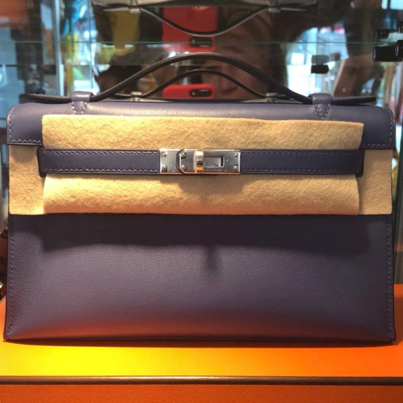 Hermès Kelly Pochette Bleu Brighton Swift Palladium Hardware PHW C Stamp 2018 <!28308239> <!SOLD> <!SOLD> - The French Hunter