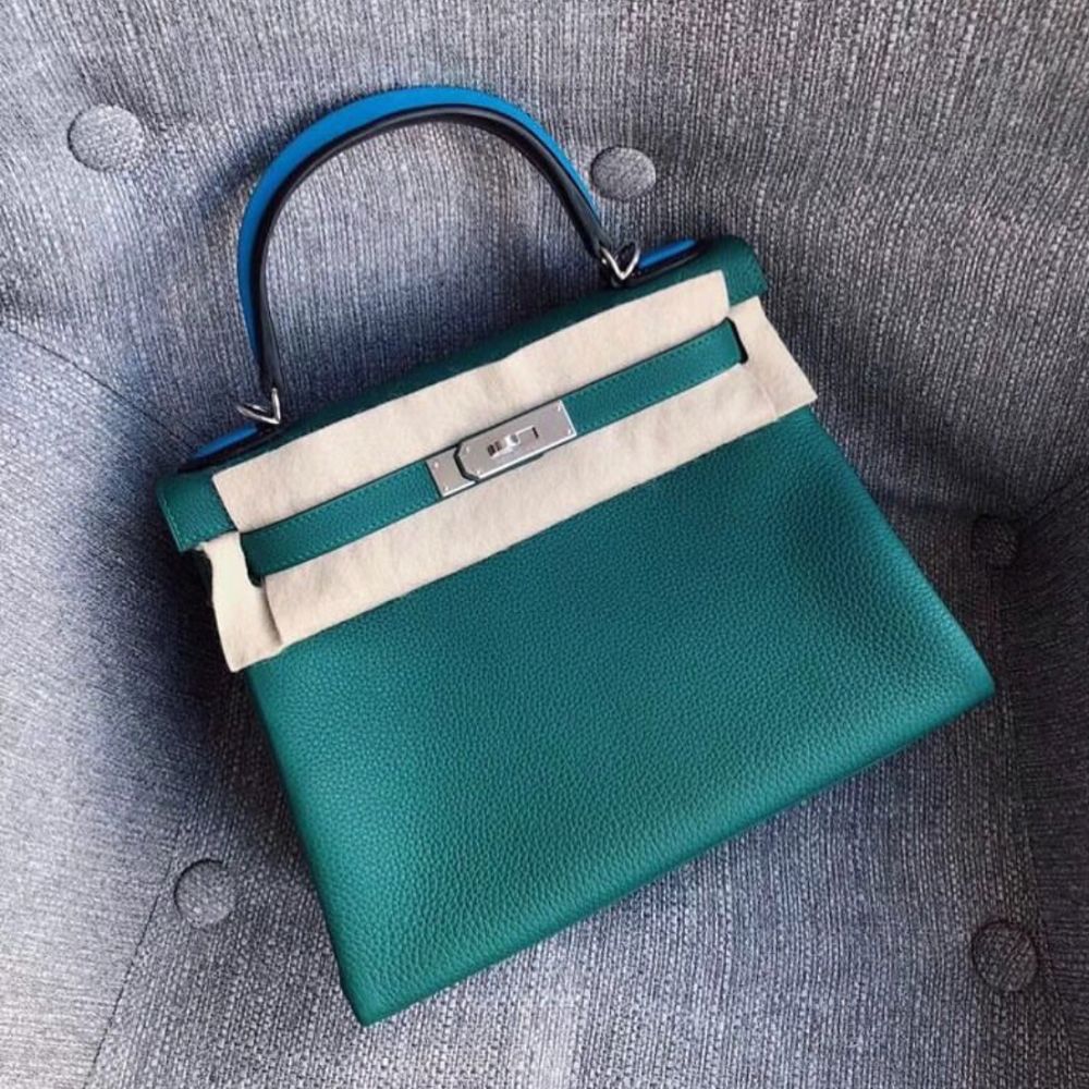 Hermès Kelly Limited Edition 28 Malachite/Noir (Black)/Bleu Zanzibar Au pas Togo Palladium Hardware PHW A Stamp 2017 <!28714346> - The French Hunter