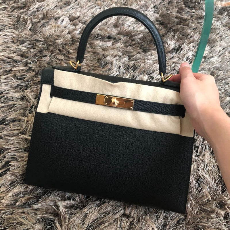 Hermès Kelly 28 Noir (Black) Sellier Epsom Gold Hardware GHW C Stamp 2018 <!29017375> - The French Hunter