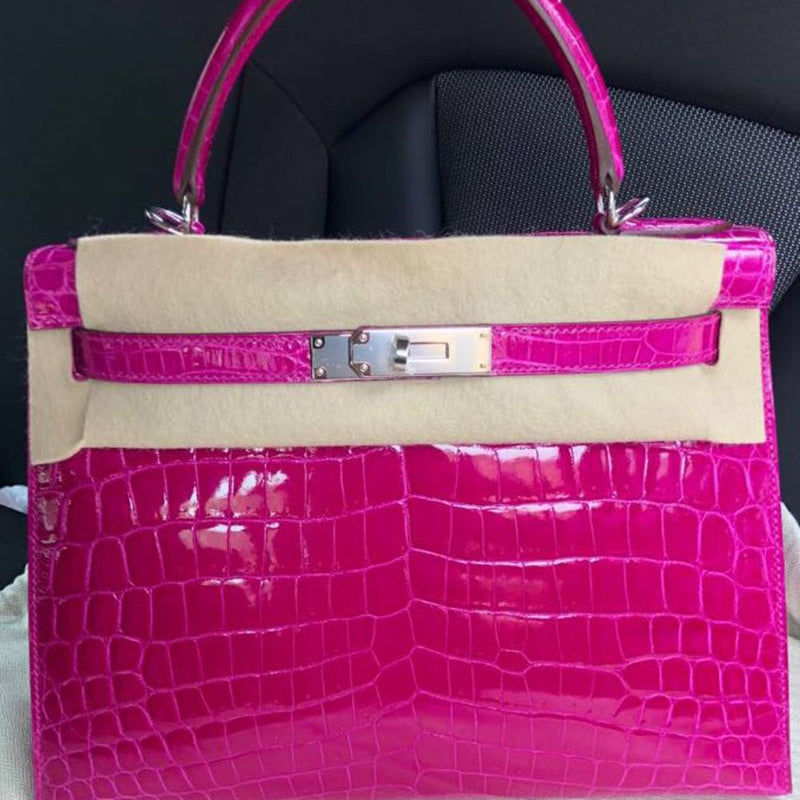 Hermès Kelly 28 Rose Sheherazade Sellier Crocodile Niloticus Lisse Palladium Hardware PHW C Stamp 2018 <!29629393> <!SOLD> - The French Hunter