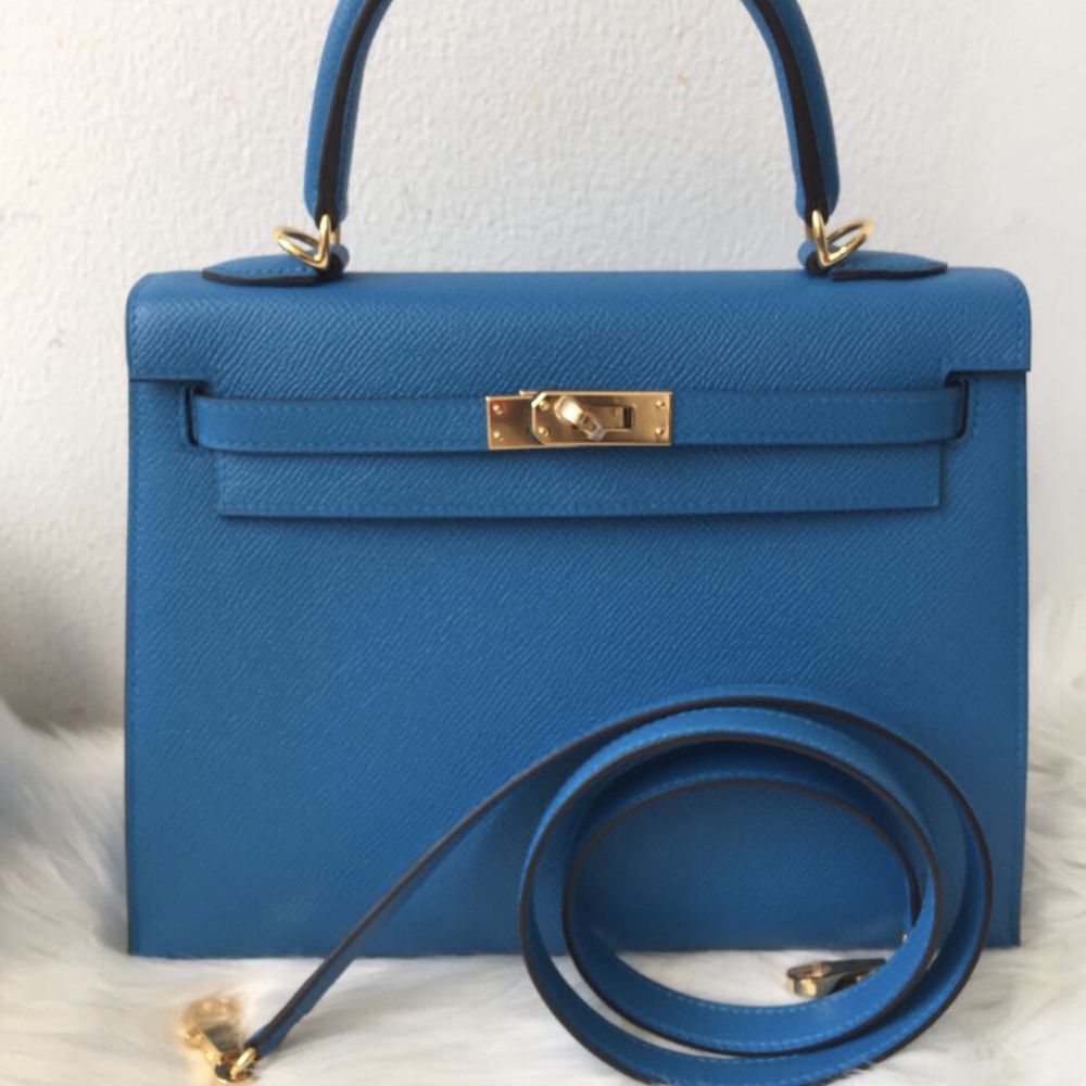 Hermes Kelly 25 Bleu Zanzibar Bag in Togo Leather
