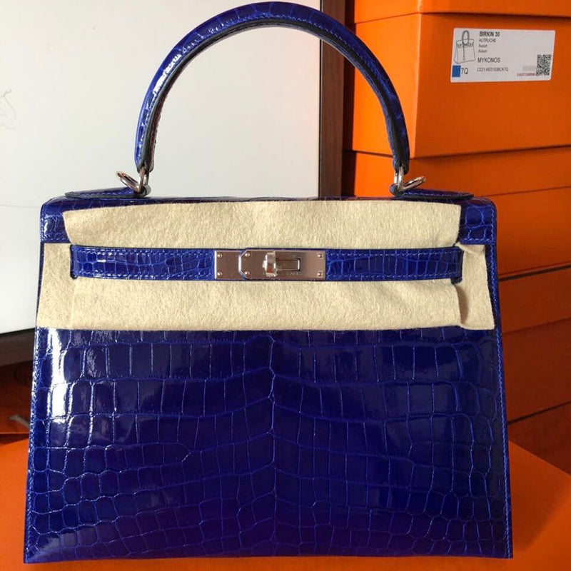 Hermès Kelly 28 Bleu Electrique Crocodile Niloticus Lisse Palladium Hardware PHW C Stamp 2018 <!29808379> - The French Hunter