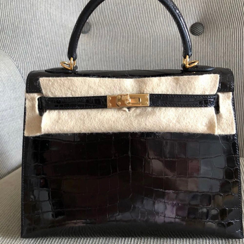 Hermès Kelly 25 Noir (Black) Crocodile Niloticus Lisse Gold Hardware GHW C Stamp 2018 <!29850799> - The French Hunter
