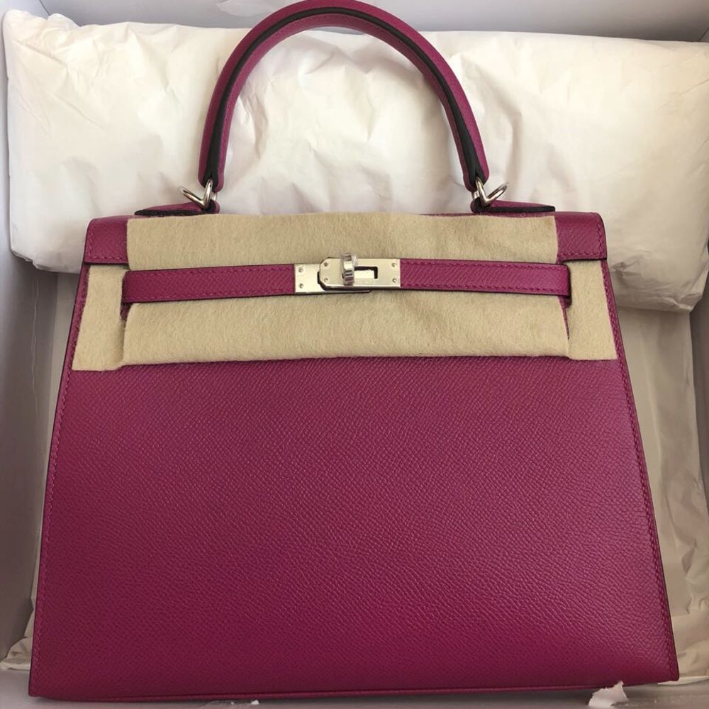 Hermès Kelly 25 Rose Pourpre Sellier Epsom Palladium Hardware PHW C Stamp 2018 <!30046103> - The French Hunter