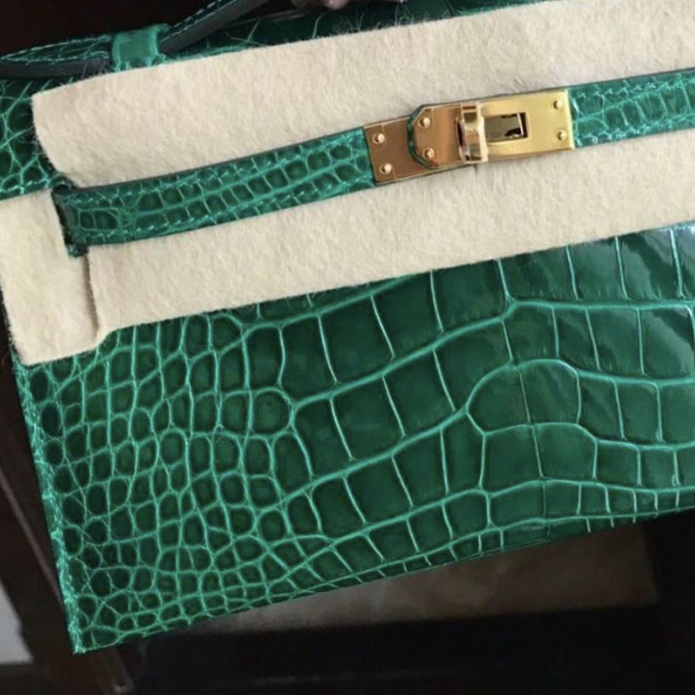 Hermes Kelly Pochette Clutch Vert Emerald Alligator Gold Hardware JaneFinds