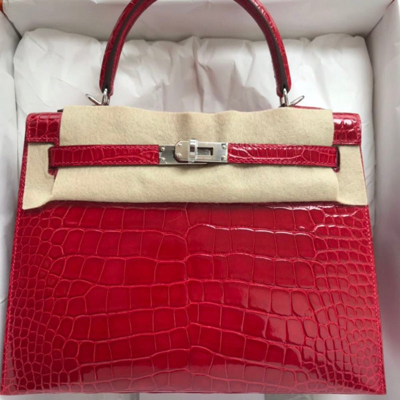 Hermès Kelly 25 Braise Sellier Crocodile Niloticus Lisse Palladium Hardware PHW C Stamp 2018 <!30352044> <!SOLD> - The French Hunter