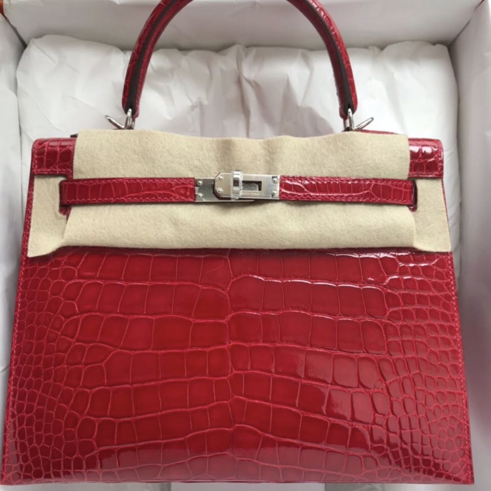 Hermès Kelly 25 Braise Sellier Crocodile Niloticus Lisse Palladium Hardware PHW C Stamp 2018 <!30352044> <!SOLD> - The French Hunter