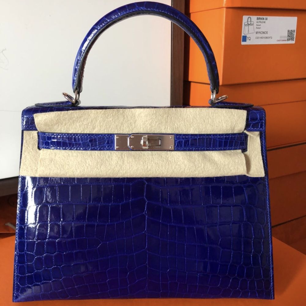 Hermès Kelly 28 Bleu Electrique Sellier Crocodile Niloticus Lisse Palladium Hardware PHW C Stamp 2018 <!30352145> <!SOLD> - The French Hunter
