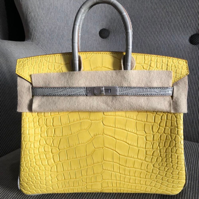 Hermès Birkin HSS 25 Mimosa/Gris Perle Alligator Mississippi Matte Brushed Palladium Hardware BPHW A Stamp 2017 <!30358212> - The French Hunter