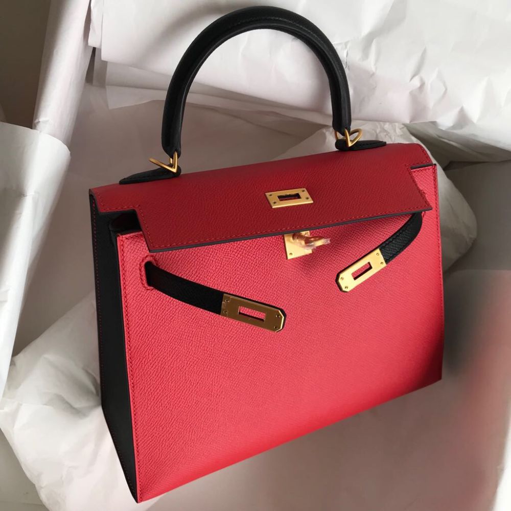 Hermès Kelly HSS 25 Rouge Tomate/Noir (Black) Sellier Epsom Gold Hardware GHW A Stamp 2017 <!30646189> - The French Hunter