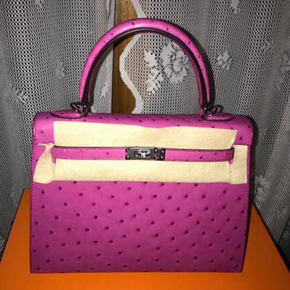 Hermès Kelly 25 Rose Pourpre Sellier Ostrich Palladium Hardware PHW C Stamp 2018 <!30910463> - The French Hunter