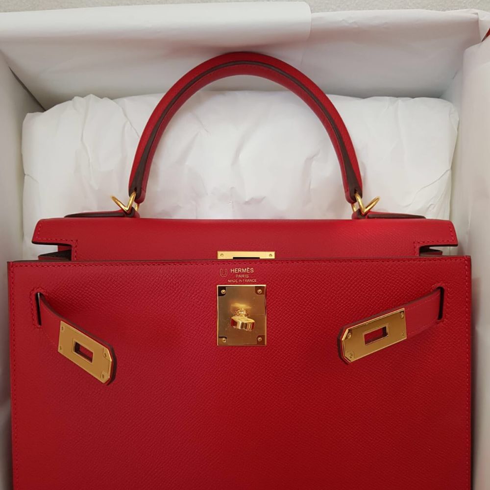 Hermès Kelly HSS 28 Rouge Casaque/Etoupe Sellier Epsom Brushed Gold Ha —  The French Hunter