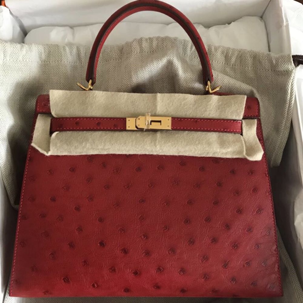 Hermès Kelly 25 Rouge Vif Ostrich Gold Hardware GHW — The French