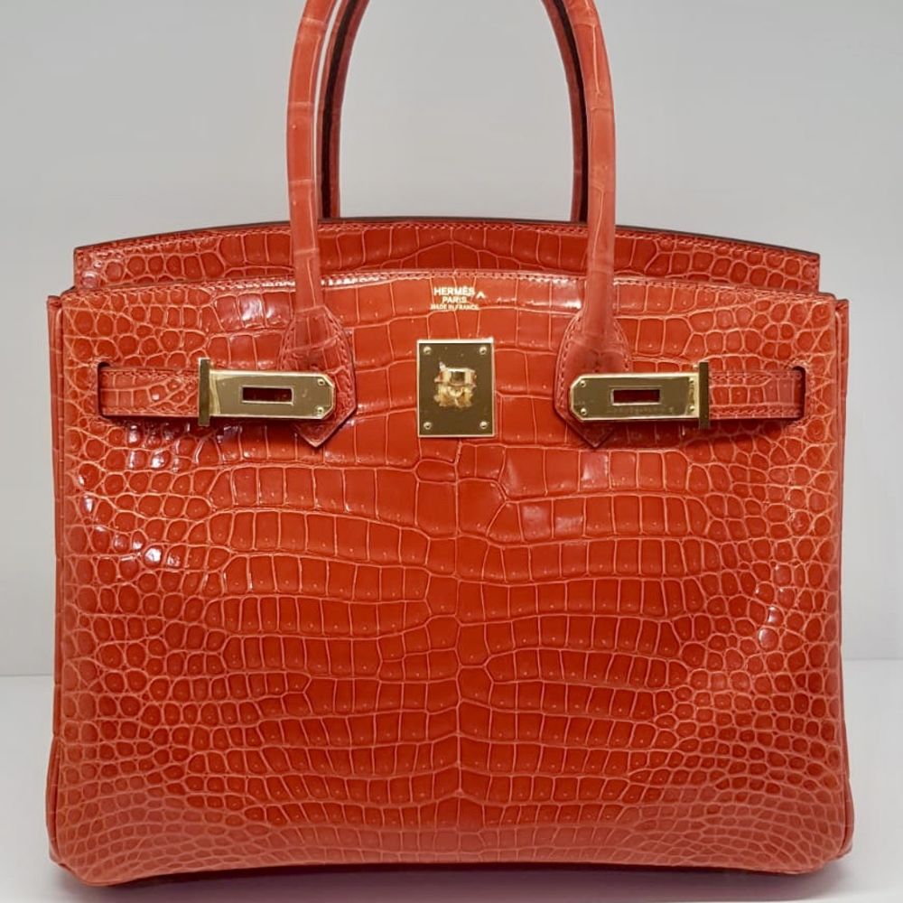 Hermes Birkin 25 Handbag 8V Orange Poppy Shiny Porosus Croc GHW