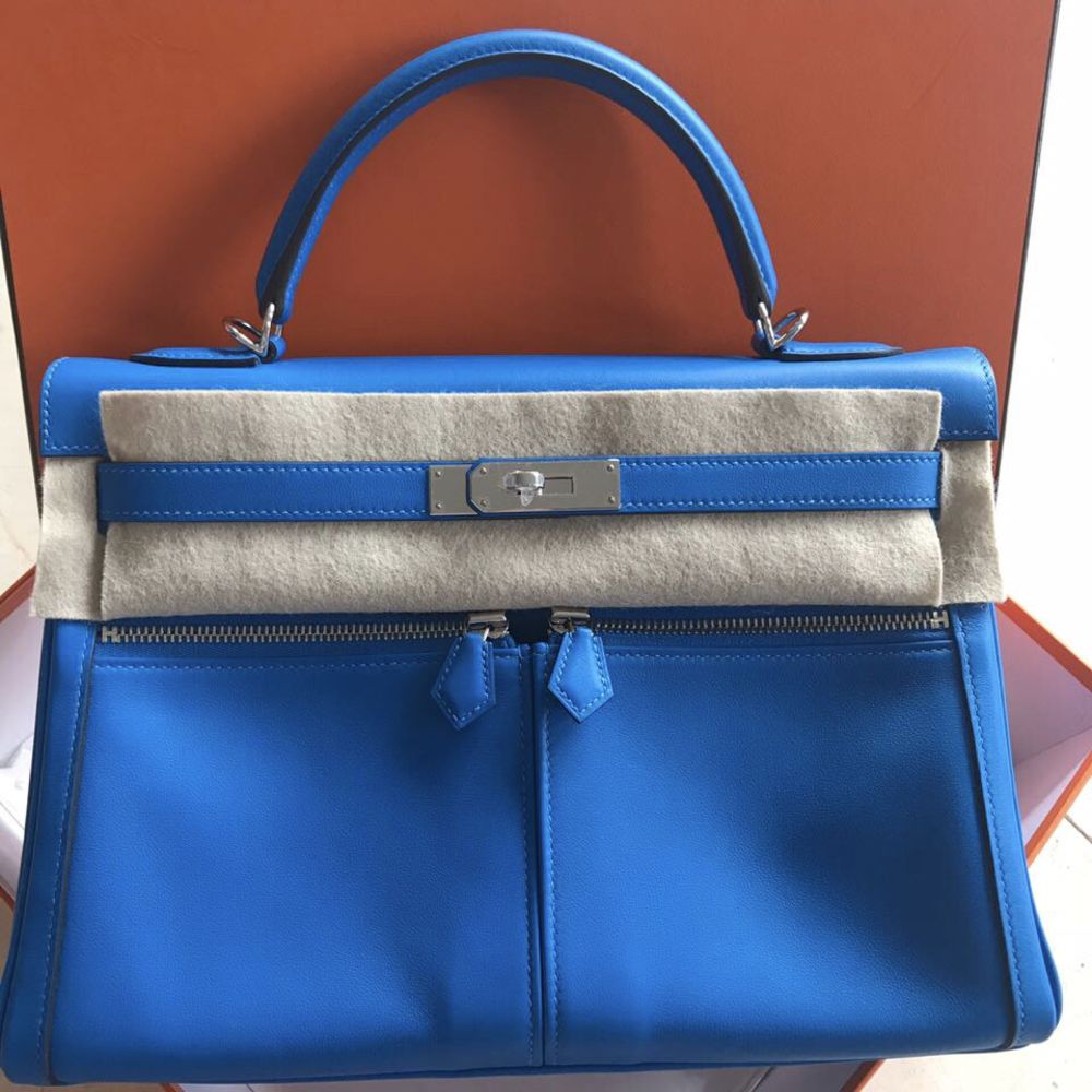 Hermès Kelly Limited Edition 32 Bleu Hydra Lakis Swift Palladium Hardware PHW C Stamp 2018 <!31460889> - The French Hunter