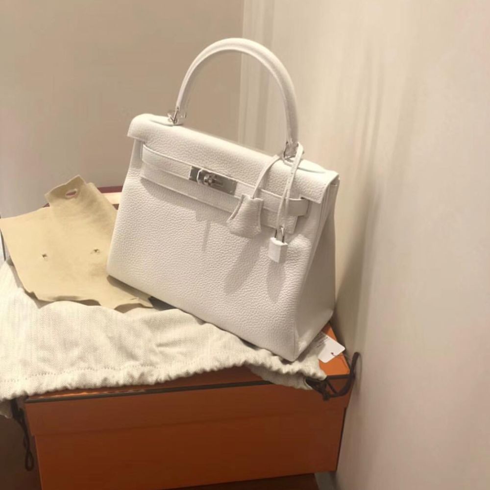 Hermes Kelly HSS 28 Blanc (White) Taurillon Clemence Palladium Hardware PHW C Stamp 2018 - The French Hunter