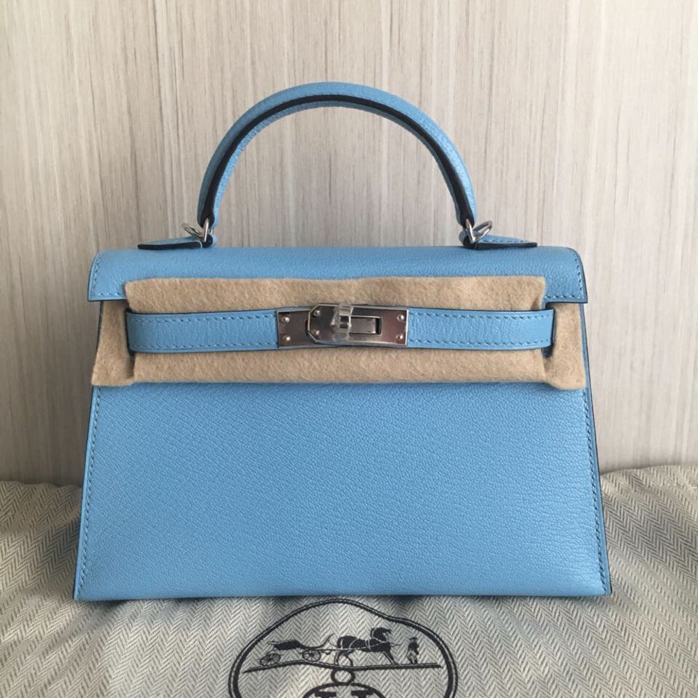 Hermès Kelly 20 Celeste Sellier Chevre Mysore Palladium Hardware PHW C Stamp 2018 - The French Hunter