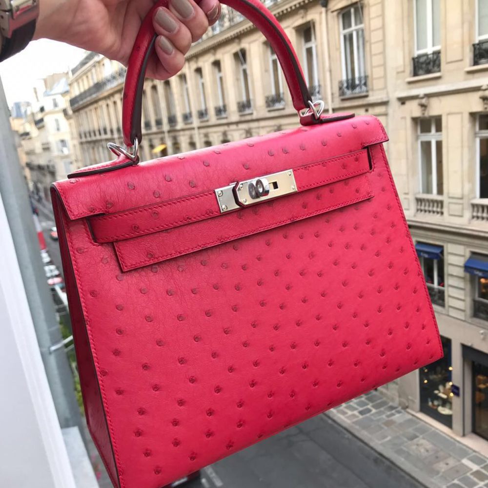 Hermès Kelly 28 Bougainvillier Sellier Ostrich Palladium Hardware PHW C Stamp 2018 - The French Hunter
