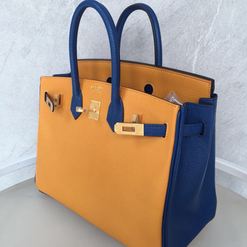 Hermes Birkin HSS 25 Jaune d'Or/Bleu Saphir Chevre Mysore Brushed Gold Hardware BGHW X Stamp 2016 - The French Hunter