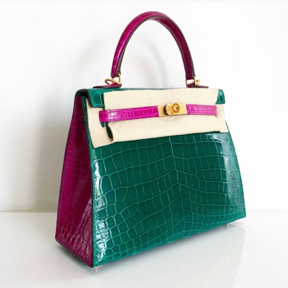 Hermès Kelly HSS 25 Vert Emeraude/Rose Sheherazade Sellier Crocodile Niloticus Lisse Brushed Gold Hardware BGHW C Stamp 2018 - The French Hunter