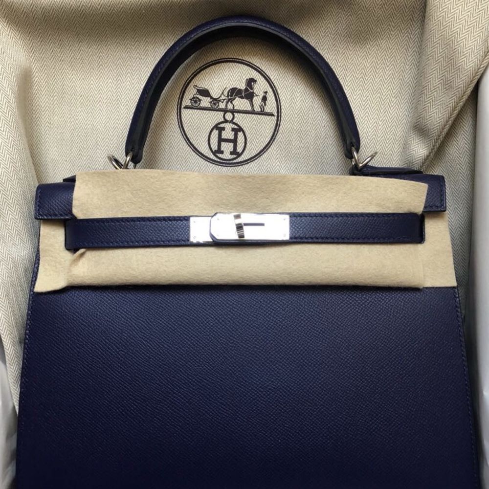 Hermès Kelly 28 Bleu Encre Sellier Epsom Palladium Hardware PHW C Stamp 2018 - The French Hunter