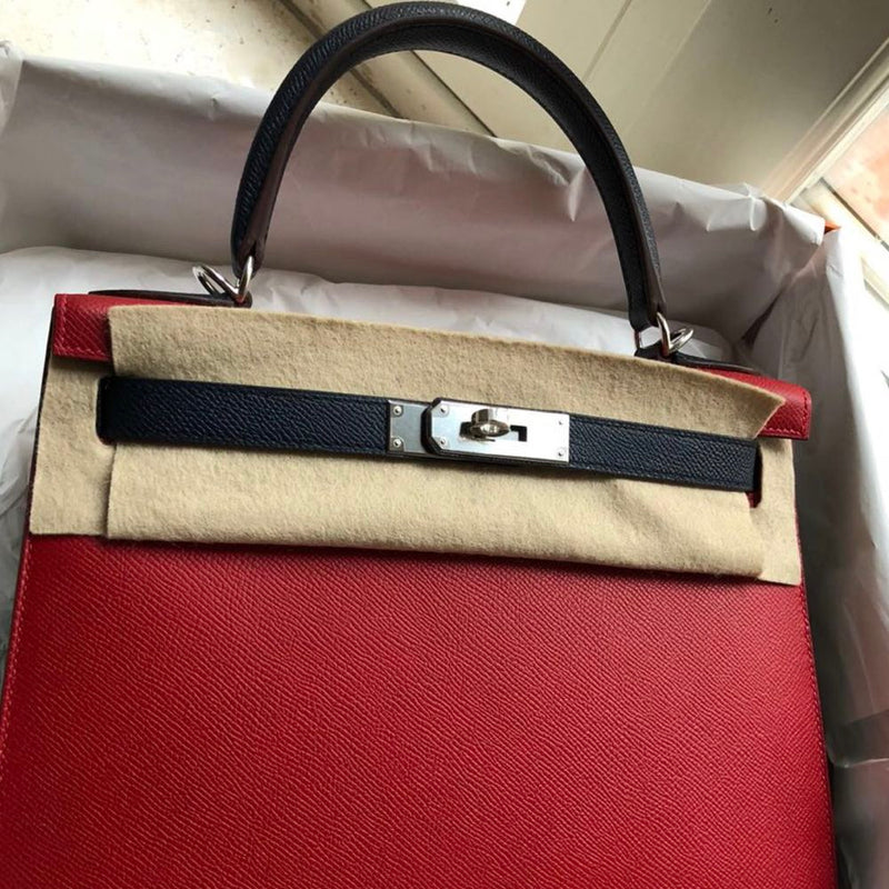 Hermès Kelly HSS 28 Rouge Casaque/Bleu Indigo Sellier Epsom Palladium Hardware PHW C Stamp 2018 - The French Hunter