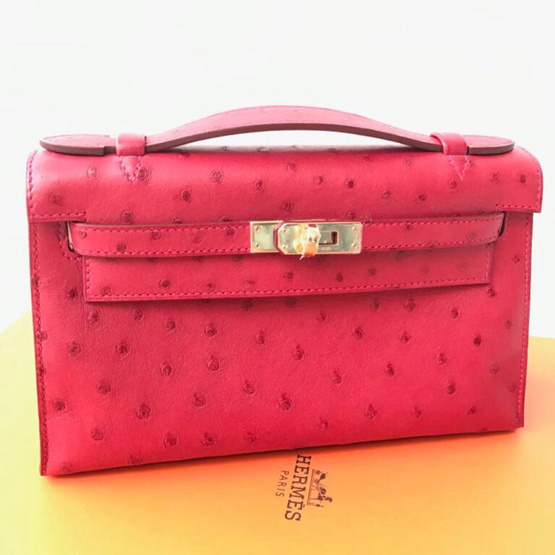 Hermès Kelly Pochette Rouge Vif Ostrich Gold Hardware GHW A Stamp 2017 - The French Hunter