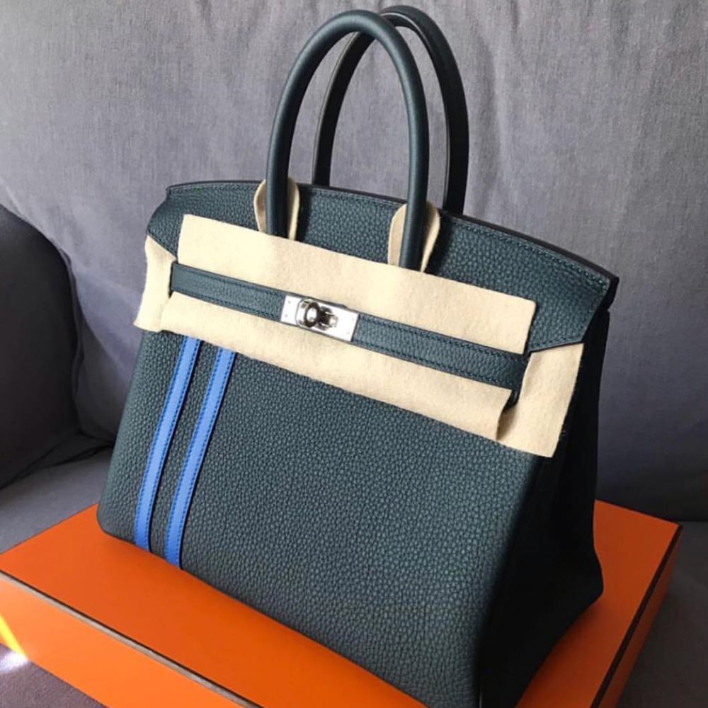 Hermès Birkin Limited Edition 25 Vert Cyprès/Bleu Zellige Officier Togo Palladium Hardware PHW C Stamp 2018 - The French Hunter