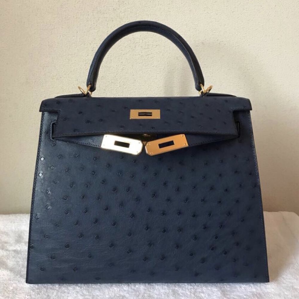 Hermès Kelly 28 Bleu de Malte Ostrich Gold Hardware GHW C Stamp 2018 - The French Hunter