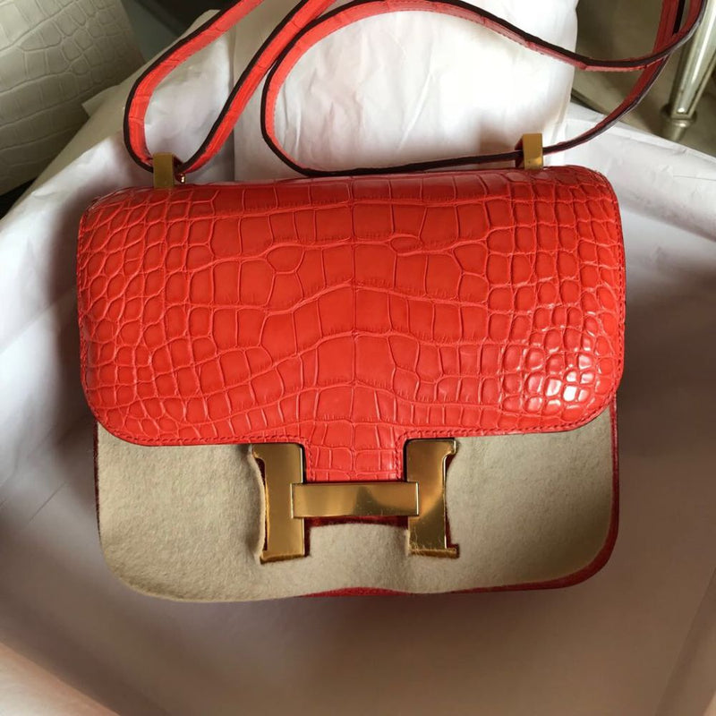 Hermès Constance 24 Orange Poppy Alligator Mississippi Matte Gold Hardware GHW C Stamp 2018 - The French Hunter