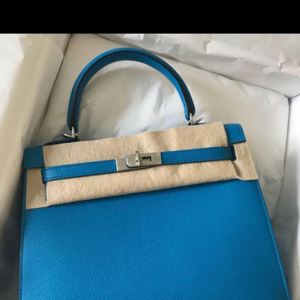 Hermès Kelly 25 Bleu Zanzibar Sellier Chevre Mysore Palladium Hardware PHW C Stamp 2018 - The French Hunter