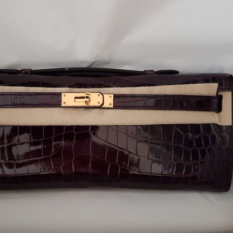 Hermès Kelly Cut Aubergine Alligator Mississippi Lisse Gold Hardware GHW C Stamp 2018 - The French Hunter