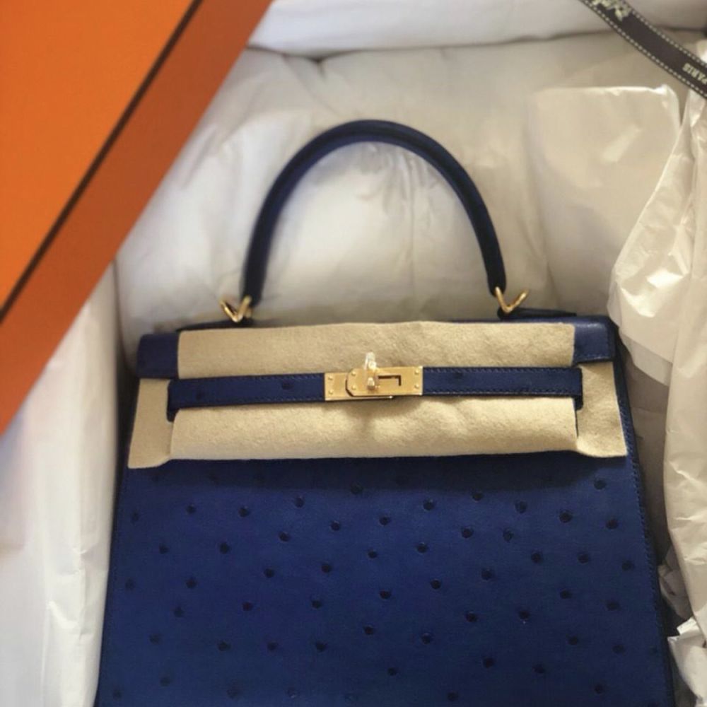 Hermès Kelly 25 Bleu Saphir Sellier Ostrich Gold Hardware GHW C Stamp 2018 - The French Hunter