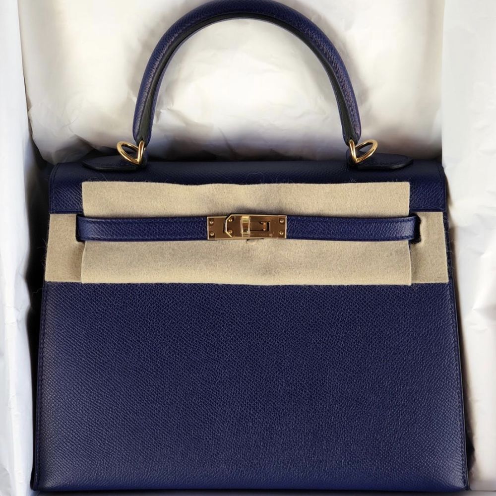 Hermès Kelly 25 Bleu Encre Sellier Epsom Gold Hardware GHW