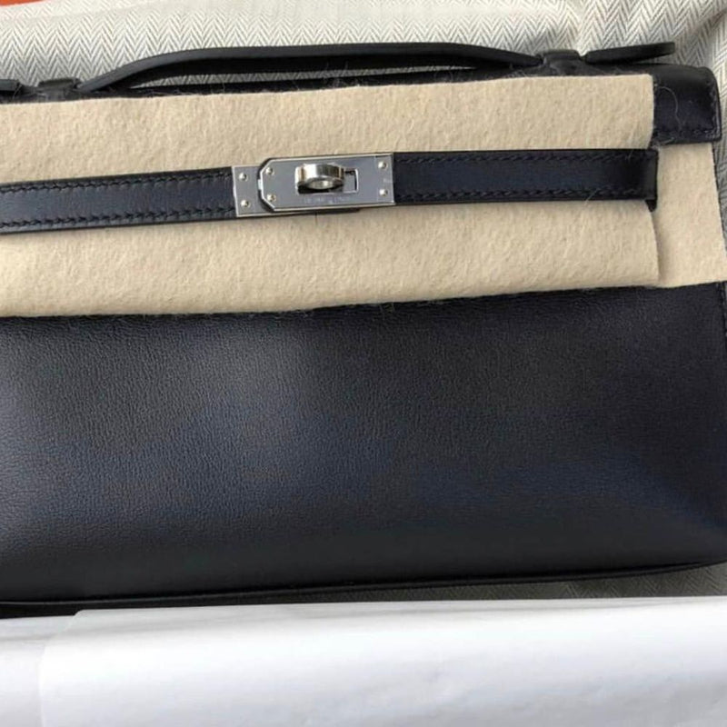 Hermès Kelly Pochette Noir (Black) Swift Palladium Hardware PHW