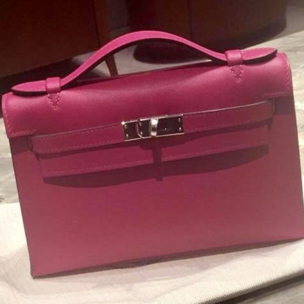 Hermès Kelly Pochette Rose Pourpre Swift Palladium Hardware PHW