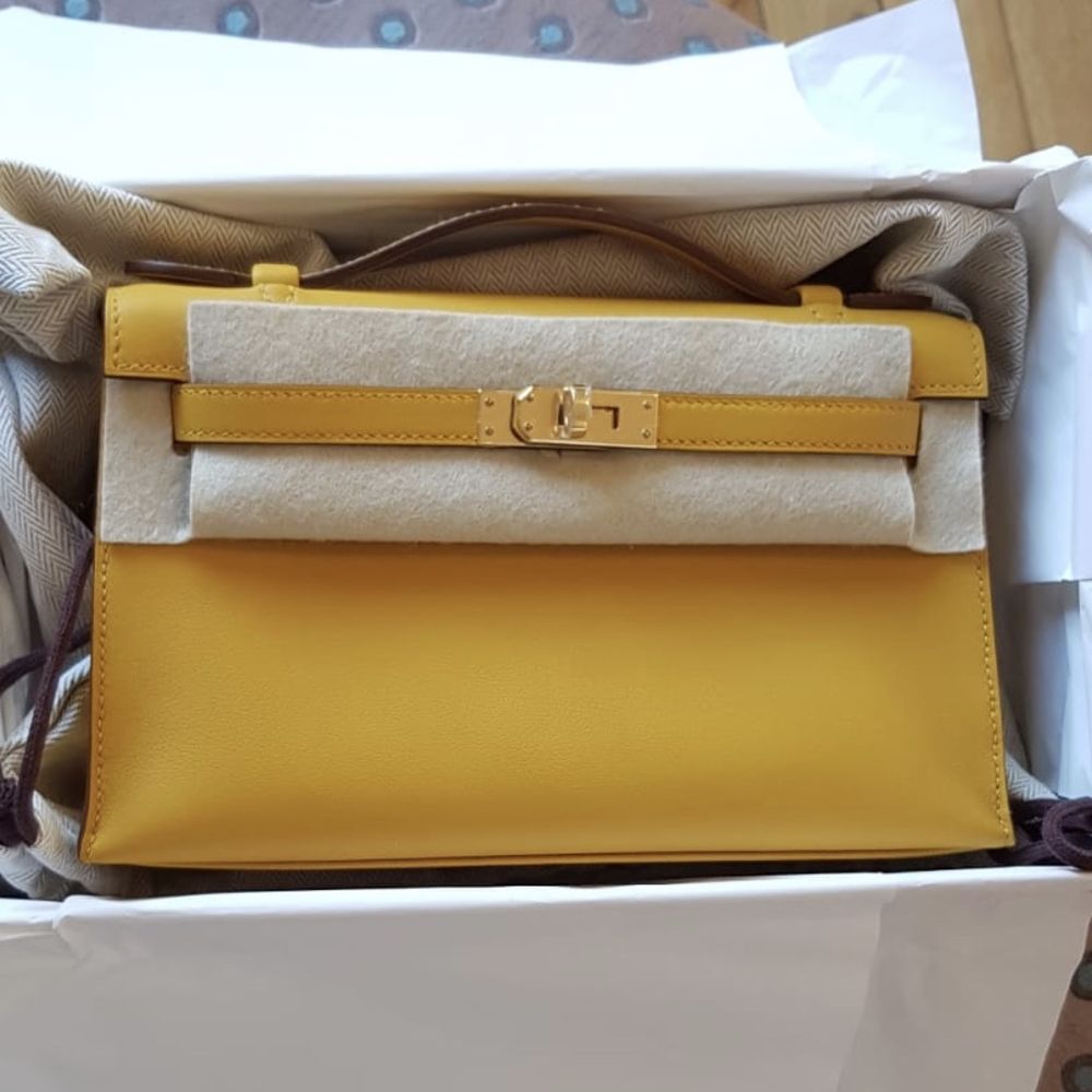 Hermes Kelly Pochette Bag Amber Swift Gold Hardware