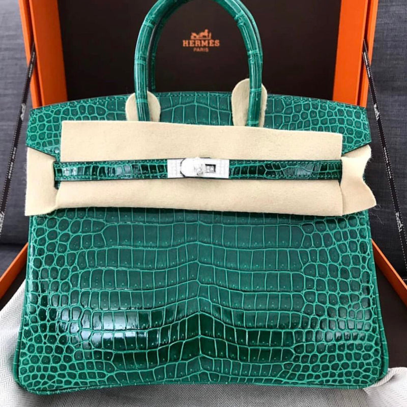 Hermès Birkin 25 Vert Emeraude Diamond buckle Crocodile Porosus Lisse Palladium Hardware PHW C Stamp 2018 - The French Hunter