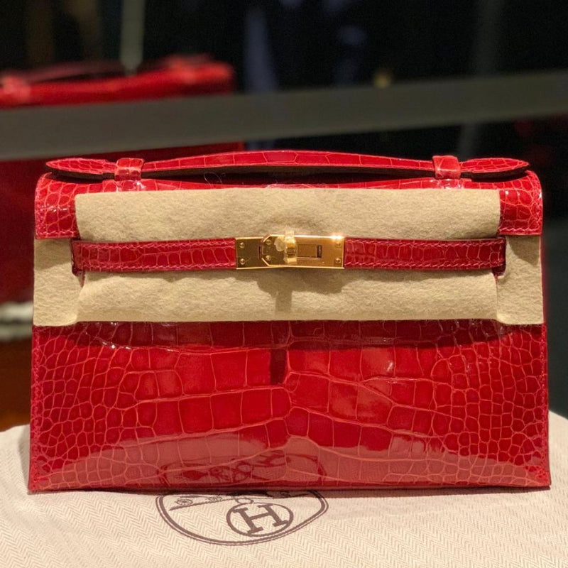 Hermès Kelly Pochette Braise Alligator Mississippi Lisse Gold Hardware GHW