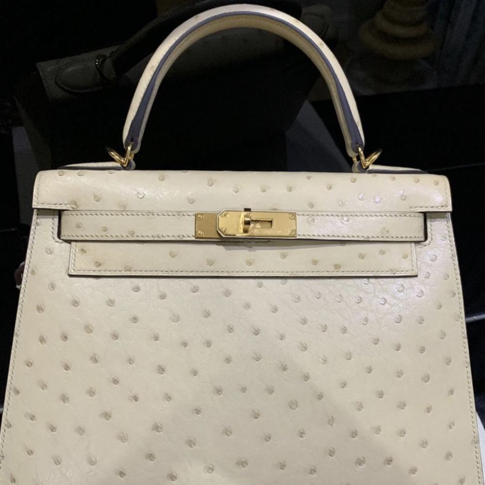 Hermes Kelly bag 28 Sellier Parchemin Ostrich leather Silver