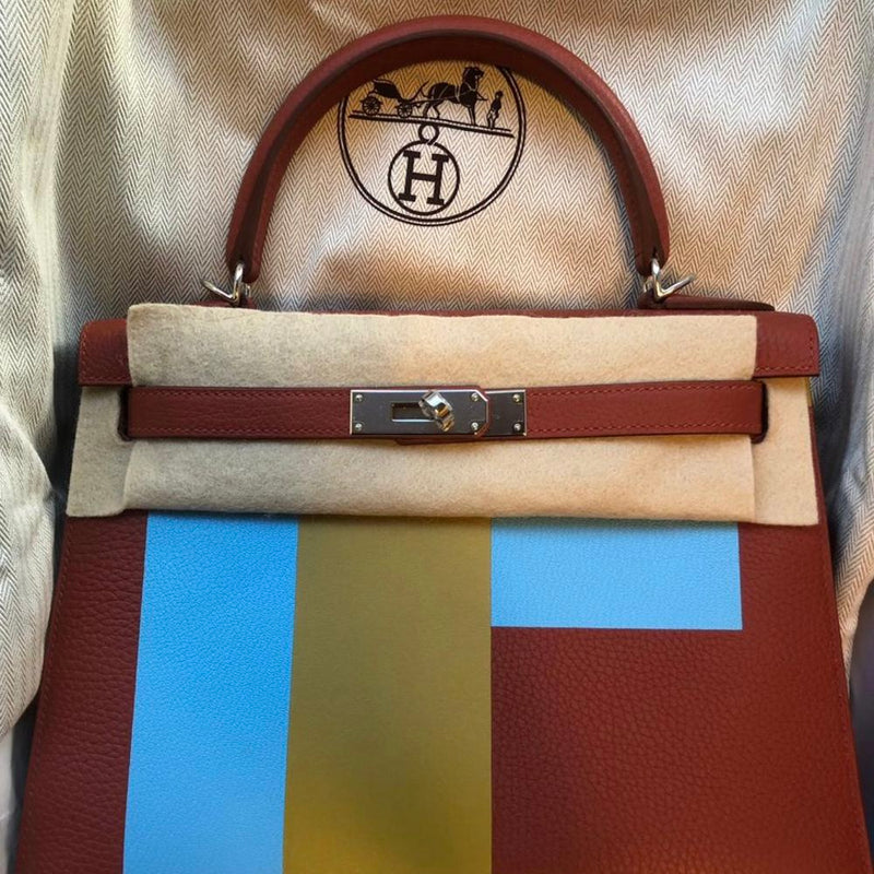 Hermès Kelly Limited Edition 28 Brique/Celeste Lettre E Taurillon Clemence Palladium Hardware PHW
